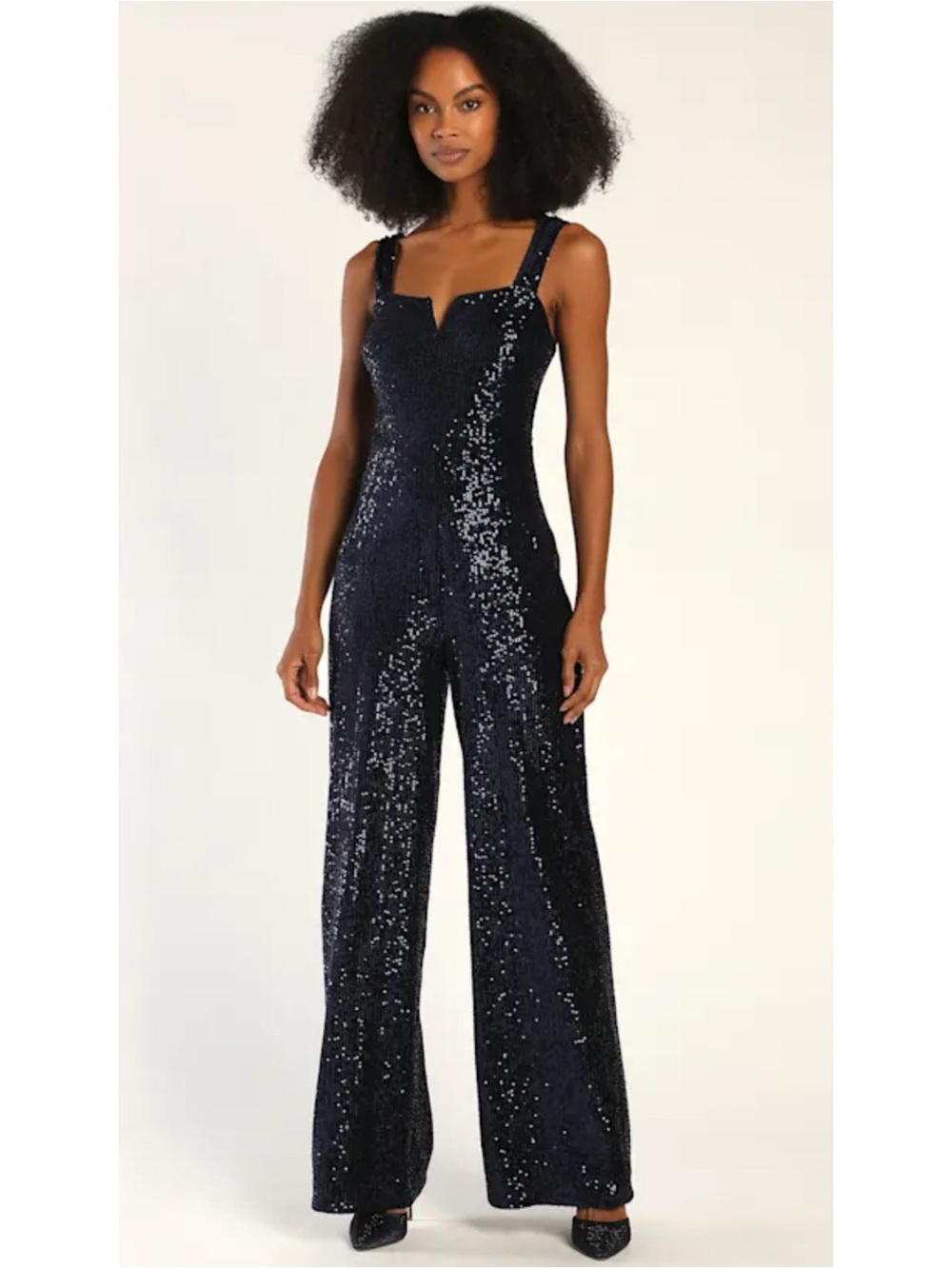 NWT Lulu's Agenda  Navy Velvet Sequin Wide Leg Jumpsuit Large